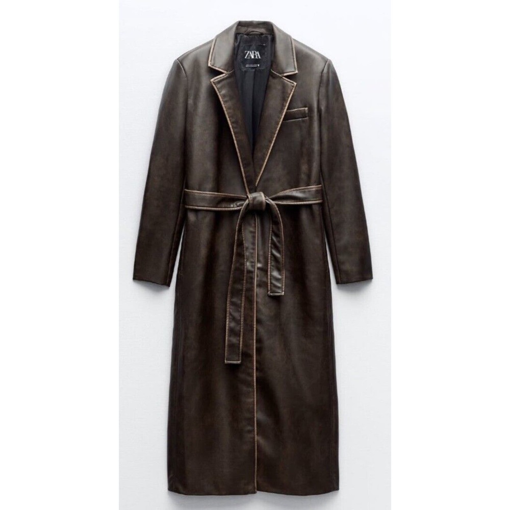 ZARA | DISTRESSED FAUX LEATHER COAT DARK BROWN BELTED size XL